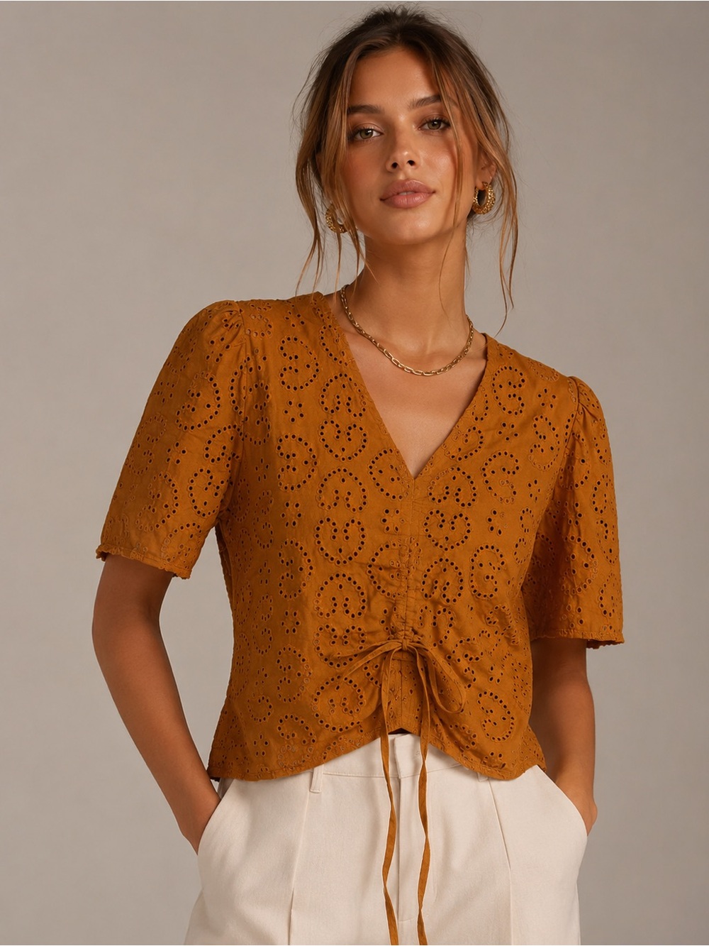 RIHOAS | Boho Mustard Eyelet V-Neck Ruched Drawstring Crop Top | 100% Cotton